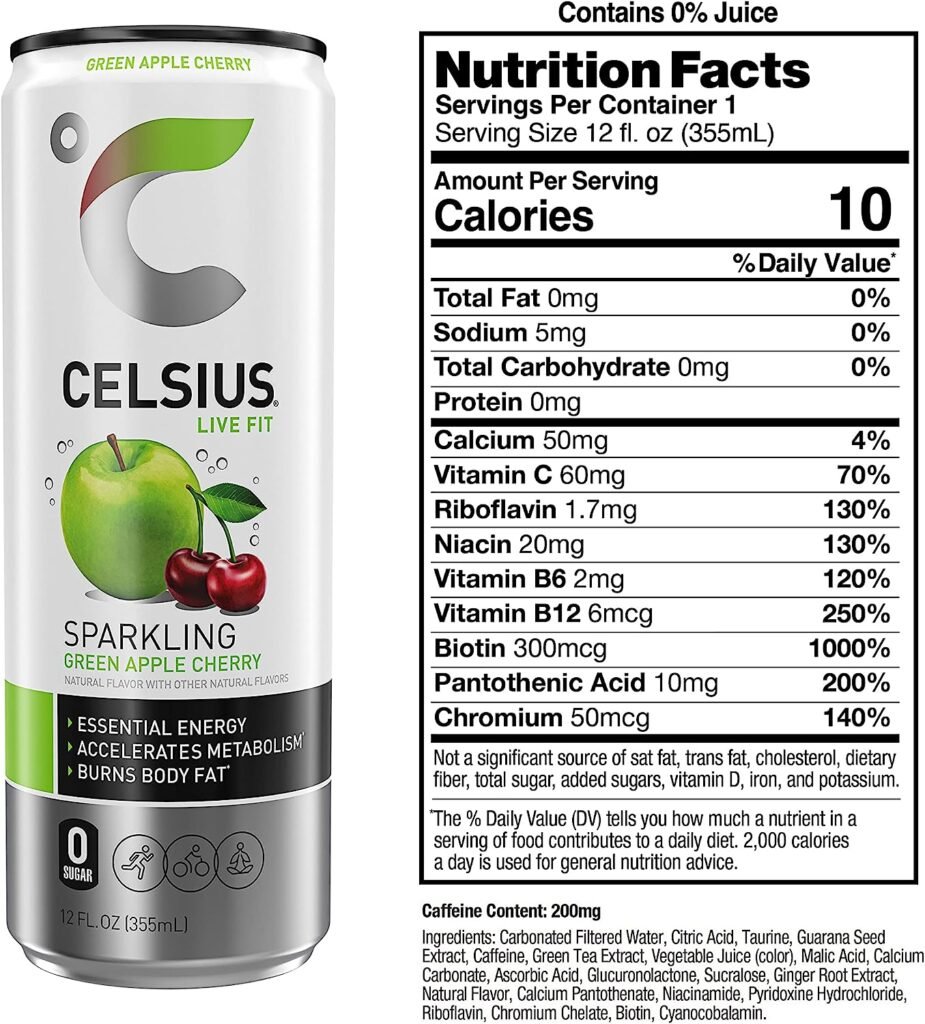 CELSIUS Sparkling Green Apple Cherry, Functional Essential Energy Drink 12 Fl Oz (Pack of 12)