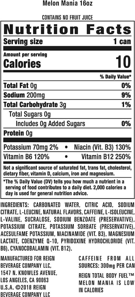 Reign Total Body Fuel, Melon Mania, Fitness  Performance Drink, 16 Fl Oz (Pack of 12)